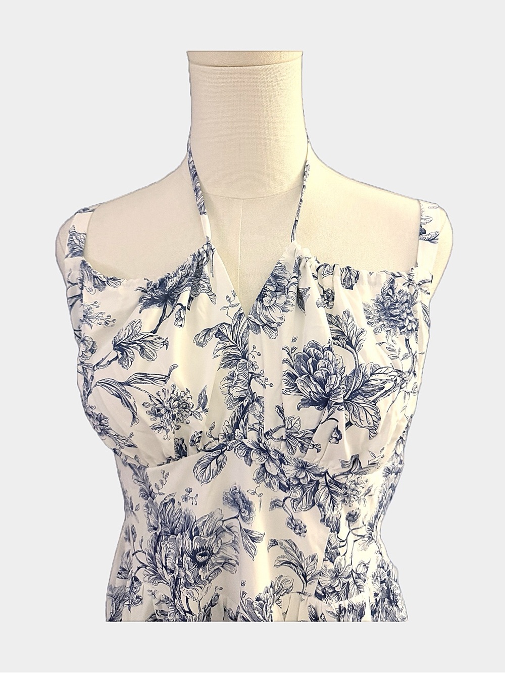 Scarlet Darkness Blue White Floral Toile Halter Midi Dress Size L NWT - Picture 3 of 10